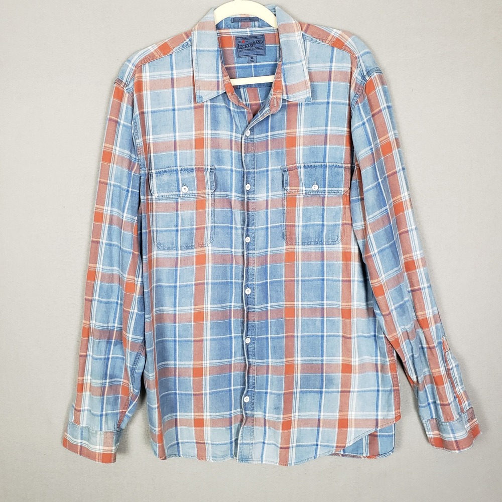 Lucky Brand Indigo Twill Long Sleeve Masa Western‎ Shirt Blue Plaid Classic XL